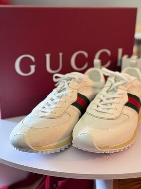 Gucci Cream Suede Sneakers with Green and Red Web Stripe